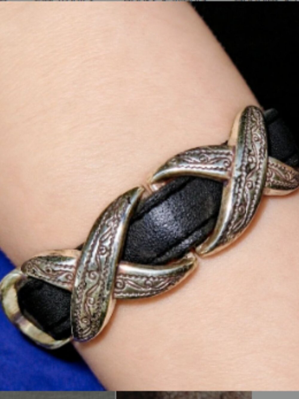 Brighton Kriss Kross Etched Bandit Bracelet Black Leather Silver Plated